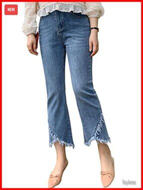 Stretchy Ripped Distressed Frayed Hem Cropped Jeans Tassel Fringe Casual